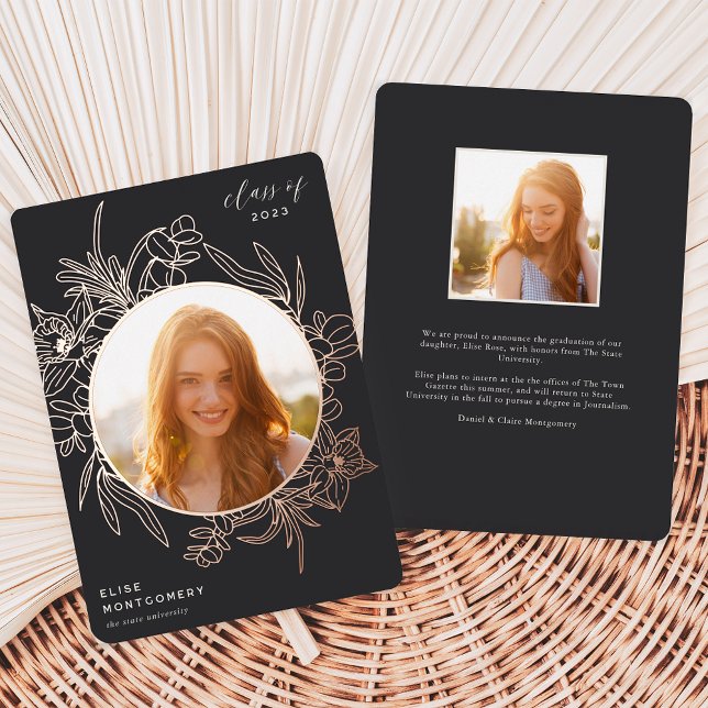 Charcoal Floral Foil Photo Graduation Announcement (Creator Uploaded)