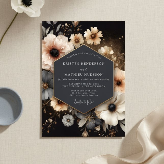 Charcoal Floral Opulent Romance Wedding Invitation (Creator Uploaded)