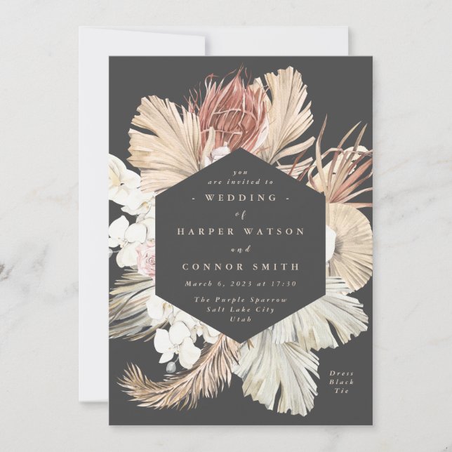 Charcoal Floral Pampas Dried Grass Tropical Jungle Invitation (Front)