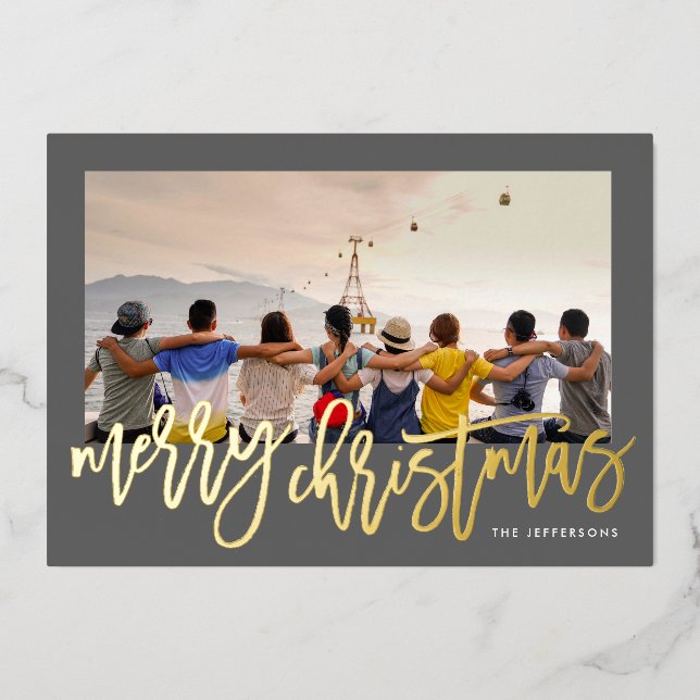 Charcoal Frame & Gold Merry Christmas Photo Foil Foil Holiday Card (Front)