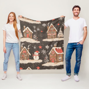Charcoal Gingerbread House Snowman Christmas Candy Fleece Blanket