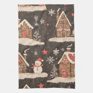 Charcoal Gingerbread House Snowman Christmas Candy Tea Towel
