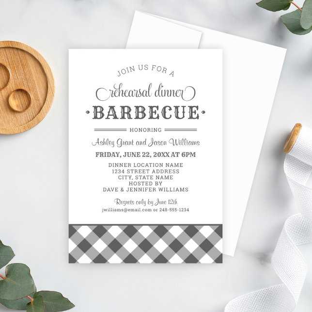 Charcoal Gingham Wedding Rehearsal Dinner Barbecue Invitation (Creator Uploaded)