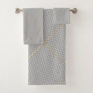 CHARCOAL GOLD ABSTRACT CIRCLES GRID BATH TOWEL SET