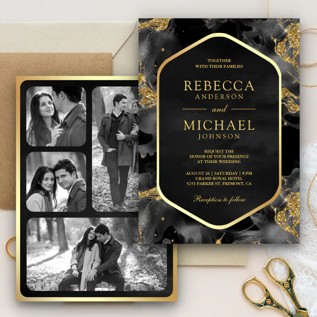 Charcoal Gold Abstract Fluid Ink Photo Wedding Invitation Zazzle charcoal-gold-abstract-fluid-ink-photo-wedding-invitation-zazzle