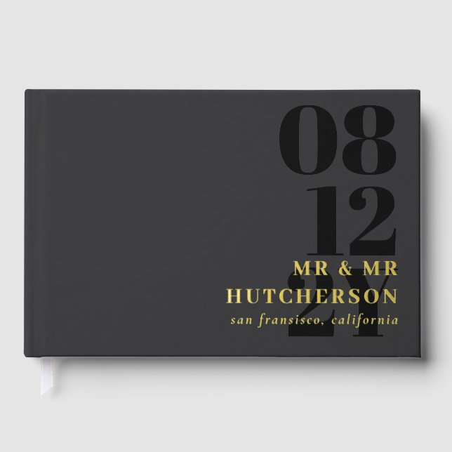 Charcoal Gold Bold Date Typography Wedding Guest Book (Front)