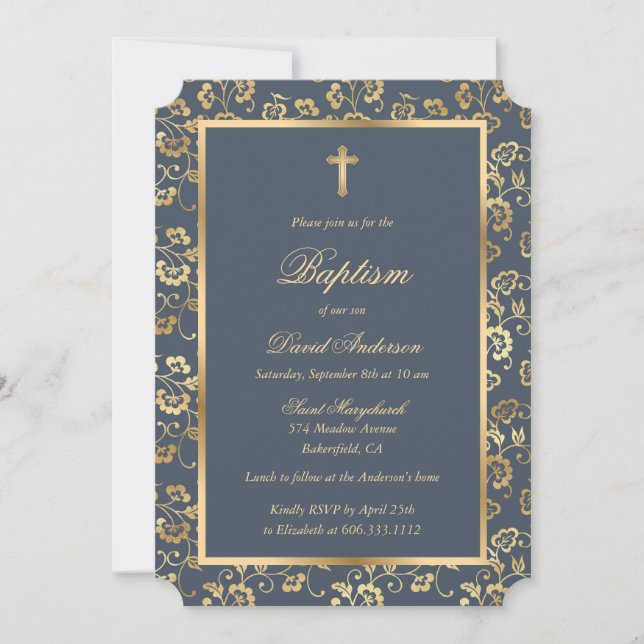 Charcoal Gold Cross Floral Baptism Invitation (Front)