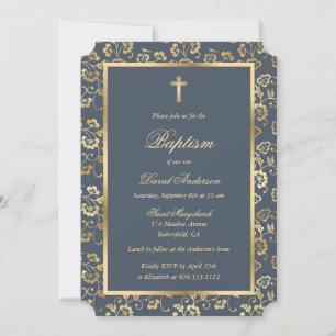 Charcoal Gold Cross Floral Baptism Invitation