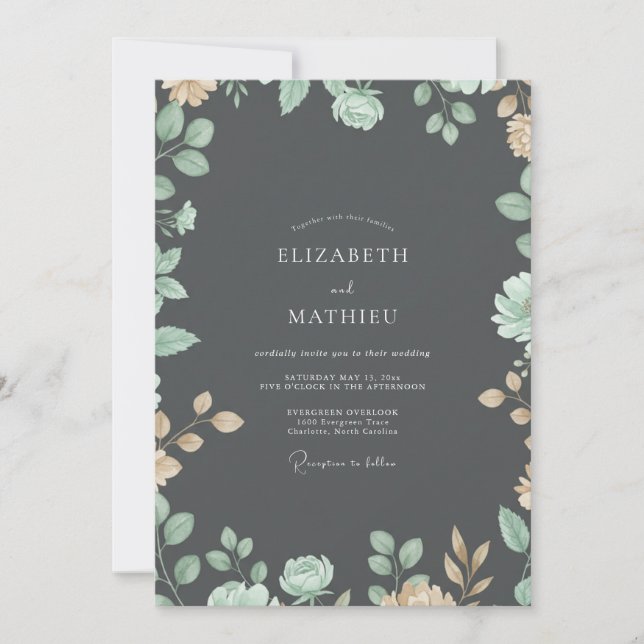 Charcoal Gold Foliage Eucalyptus Wedding Invitation (Front)