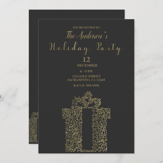 Charcoal & Gold Gift Present Elegant Holiday Party Invitation (Front/Back)