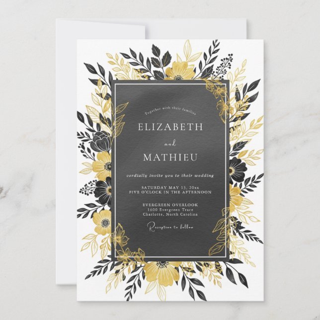 Charcoal Gold Imperial Botanical Wedding Invitation (Front)