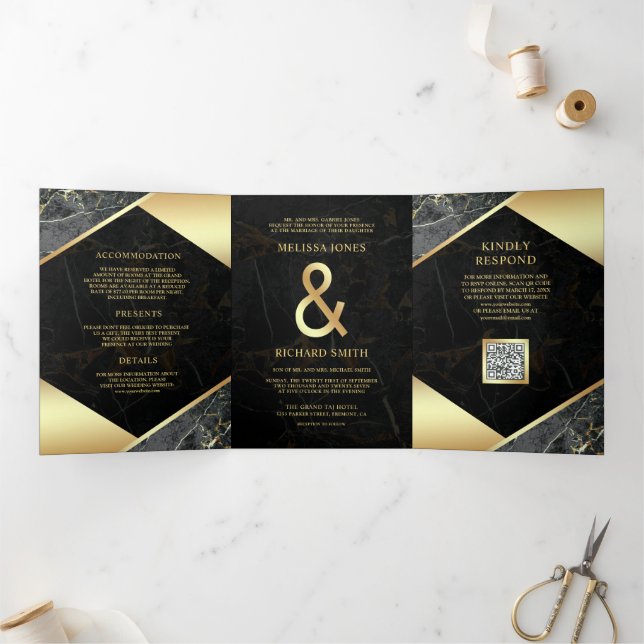 Charcoal Gold Marble Ampersand QR Code Wedding Tri-Fold Invitation (Inside)