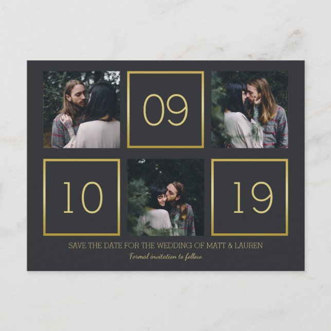 Charcoal & Gold | Photo Collage Save the Date Announcement Postcard (Front)