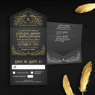 Charcoal & Gold Raven Monogram Goth Wedding All In One Invitation