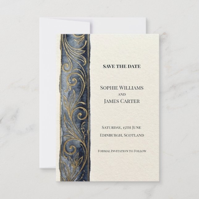 Charcoal Gold Scroll Save The Date Card (Front)