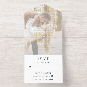Charcoal & Gold Text Big Photo Monogram Wedding All In One Invitation