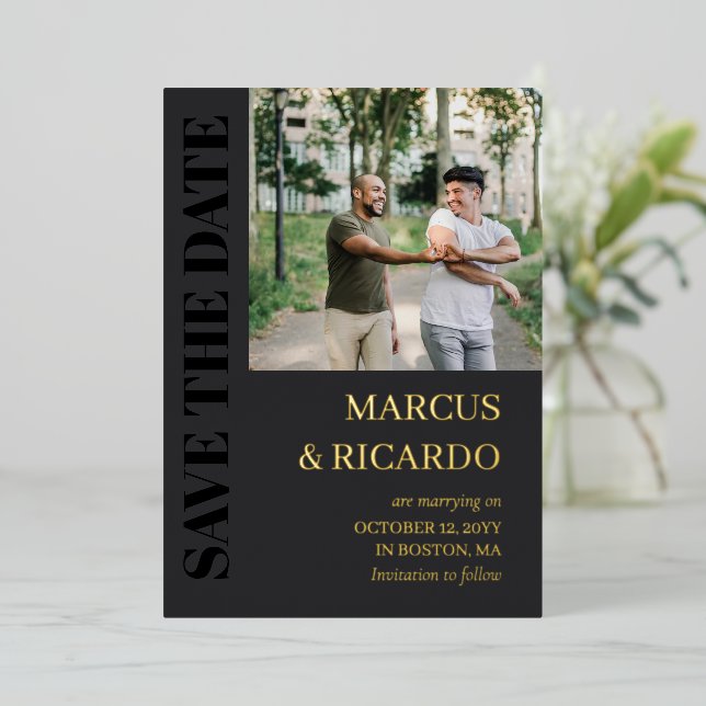 Charcoal & Gold Typography Photo Save the Date (Standing Front)