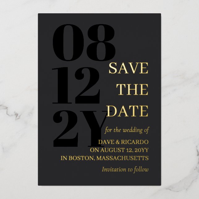 Charcoal & Gold Typography Wedding Save the Date (Front)