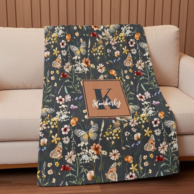 Charcoal Gray Boho Floral Monogrammed Fleece Blanket (Creator Uploaded)