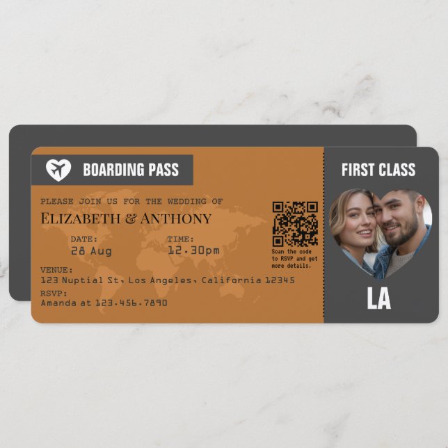Charcoal Gray & Copper Boarding Pass Wedding Invitation (Front/Back)