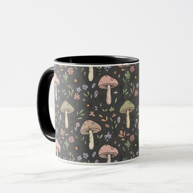 Charcoal Gray Earthy Fungi Seamless Pattern Modern Mug (Front Left)