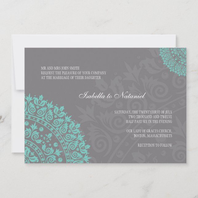 Charcoal Grey and Aqua Damask Wedding Invitation (Front)