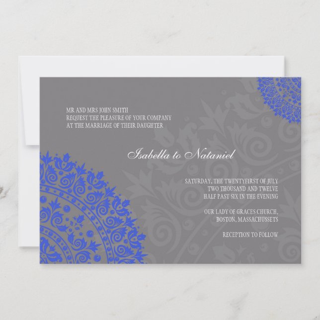 Charcoal Grey and Blue Damask Wedding Invitation (Front)
