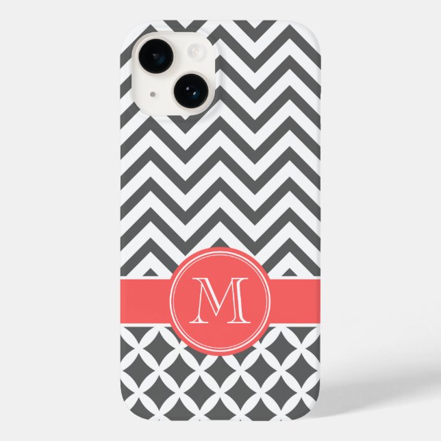 Charcoal Grey and Coral Chevron Monogram Case-Mate iPhone Case (Back)