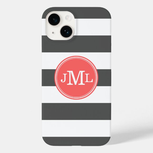 Charcoal Grey and Coral Wide Stripe Monogram Case-Mate iPhone Case (Back)