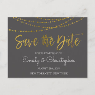 Charcoal Grey and Gold Foil Save the Date Announcement Postcard