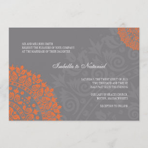 Charcoal Grey and Orange Damask Wedding Invitation