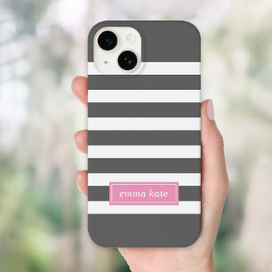 Charcoal Grey and Pink Preppy Stripes Monogram Case-Mate iPhone 14 Case