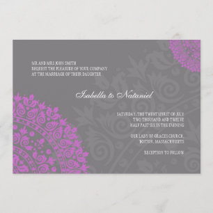 Charcoal Grey and Purple Damask Wedding Invitation