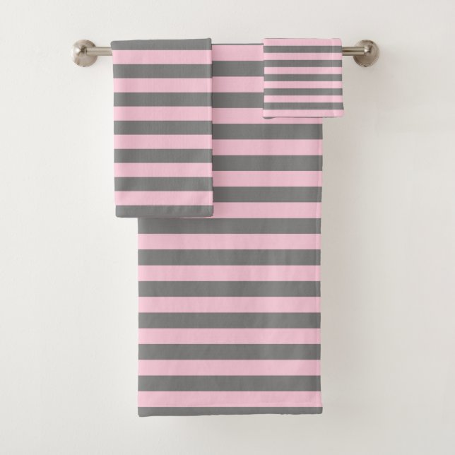 Charcoal Grey and Soft Pink Stripes Bath Towel Set (Insitu)