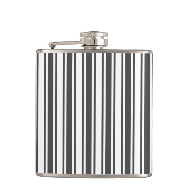 Charcoal grey and white candy stripes hip flask (Front)