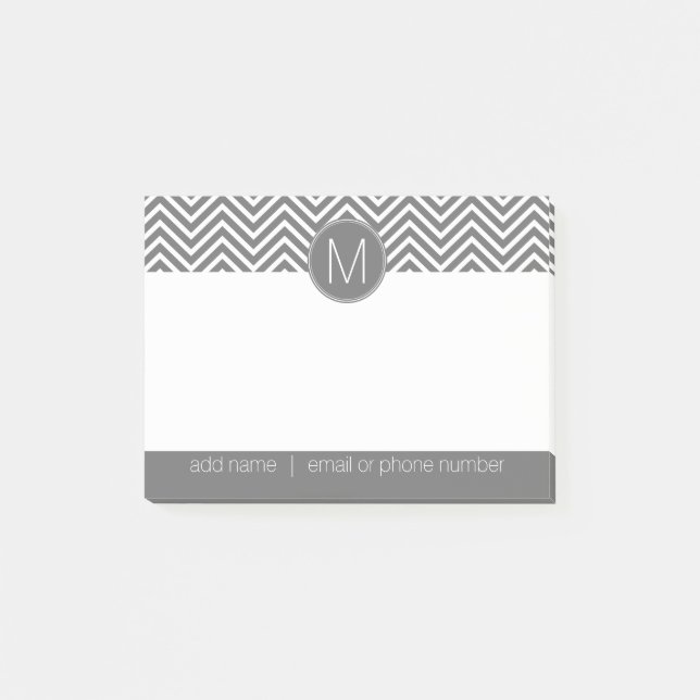 Charcoal Grey and White Chevrons Custom Monogram Post-it Notes (Front)