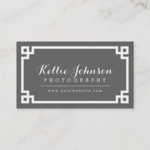 Charcoal Grey and White Chic Greek Key Border Business Card