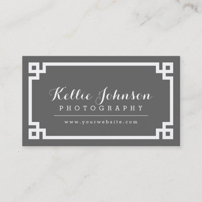Charcoal Grey and White Chic Greek Key Border Business Card (Front)