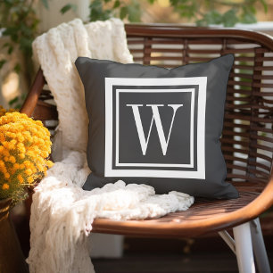 Charcoal Grey and White Classic Square Monogram Cushion
