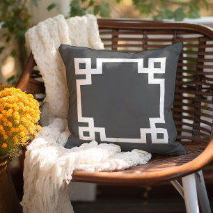 Charcoal Grey and White Greek Key Editable Colou Cushion