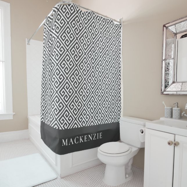 Charcoal Grey and White Greek Key Name Monogram Shower Curtain (In Situ)