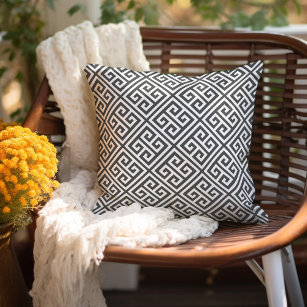 Charcoal Grey and White Greek Key Pattern Cushion