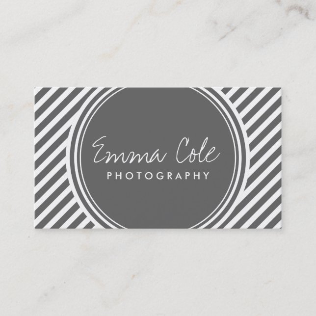 Charcoal Grey and White Preppy Stripes Business Card (Front)
