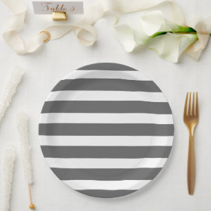 Charcoal Grey and White Stripes Paper Plate