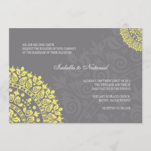 Charcoal Grey and Yellow Damask Wedding Invitation