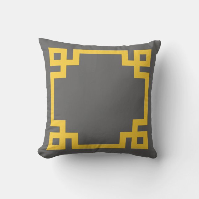Charcoal Grey and Yellow Greek Key Border Cushion (Front)