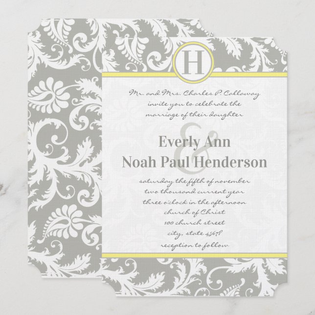 Charcoal Grey and Yellow Wedding Invitations (Front/Back)