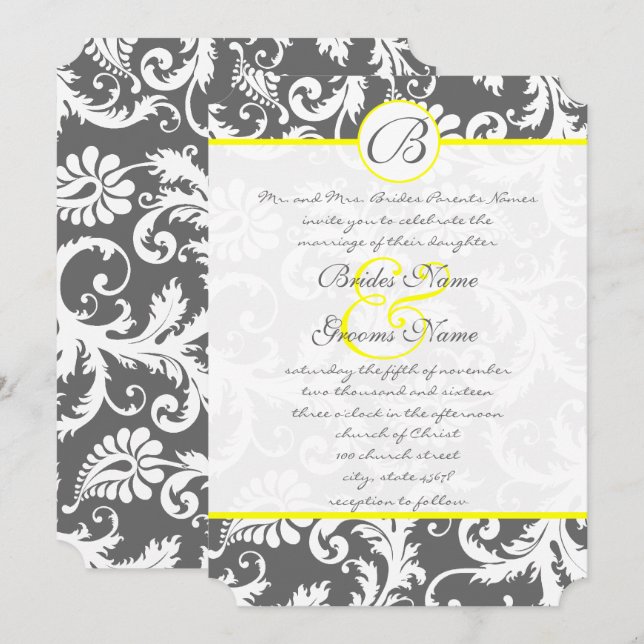 Charcoal Grey and Yellow Wedding Invitations (Front/Back)