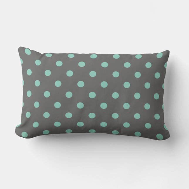 Charcoal Grey & Aqua Cute Modern Polka Dots Lumbar Cushion (Front)