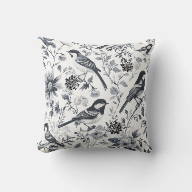 Charcoal Grey Bird Toile  Cushion (Front)